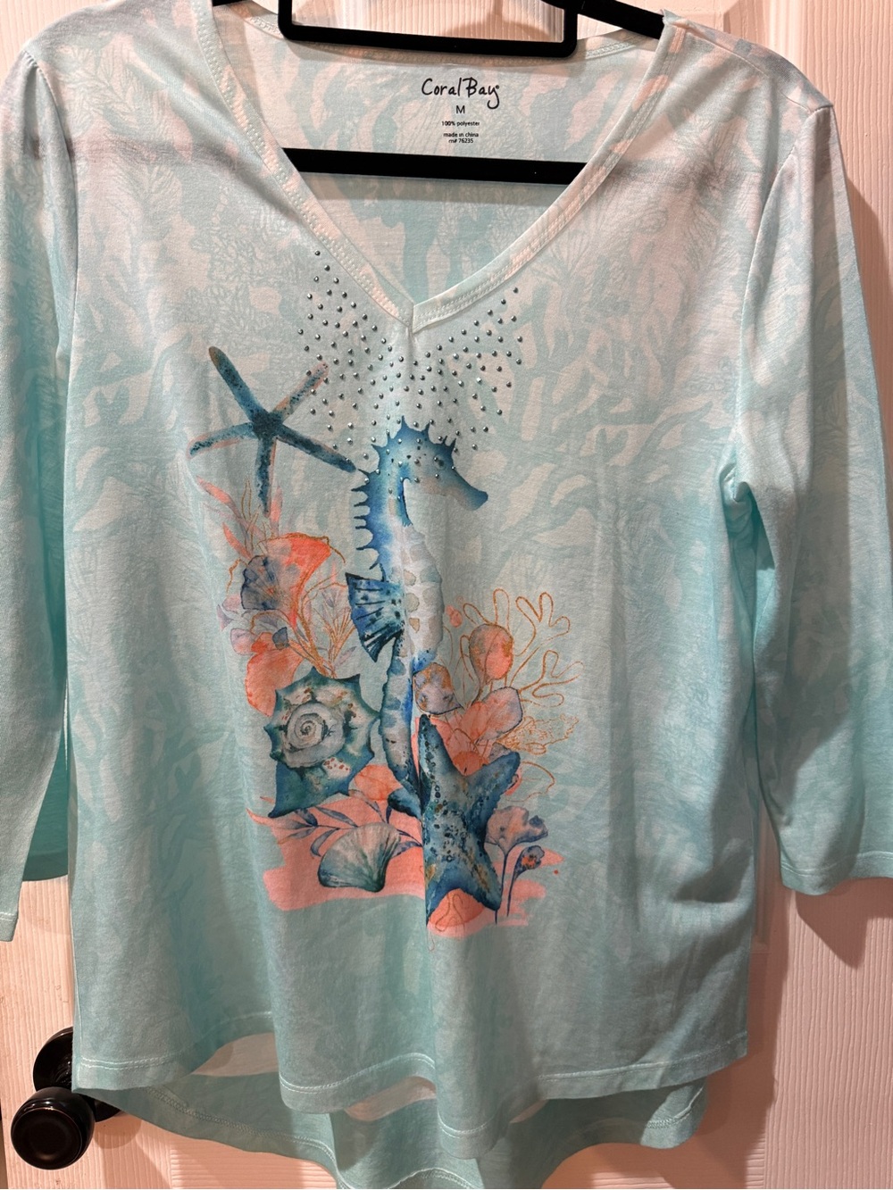 Coral Bay Women's Sea Life V-Neck Top in Aqua medium